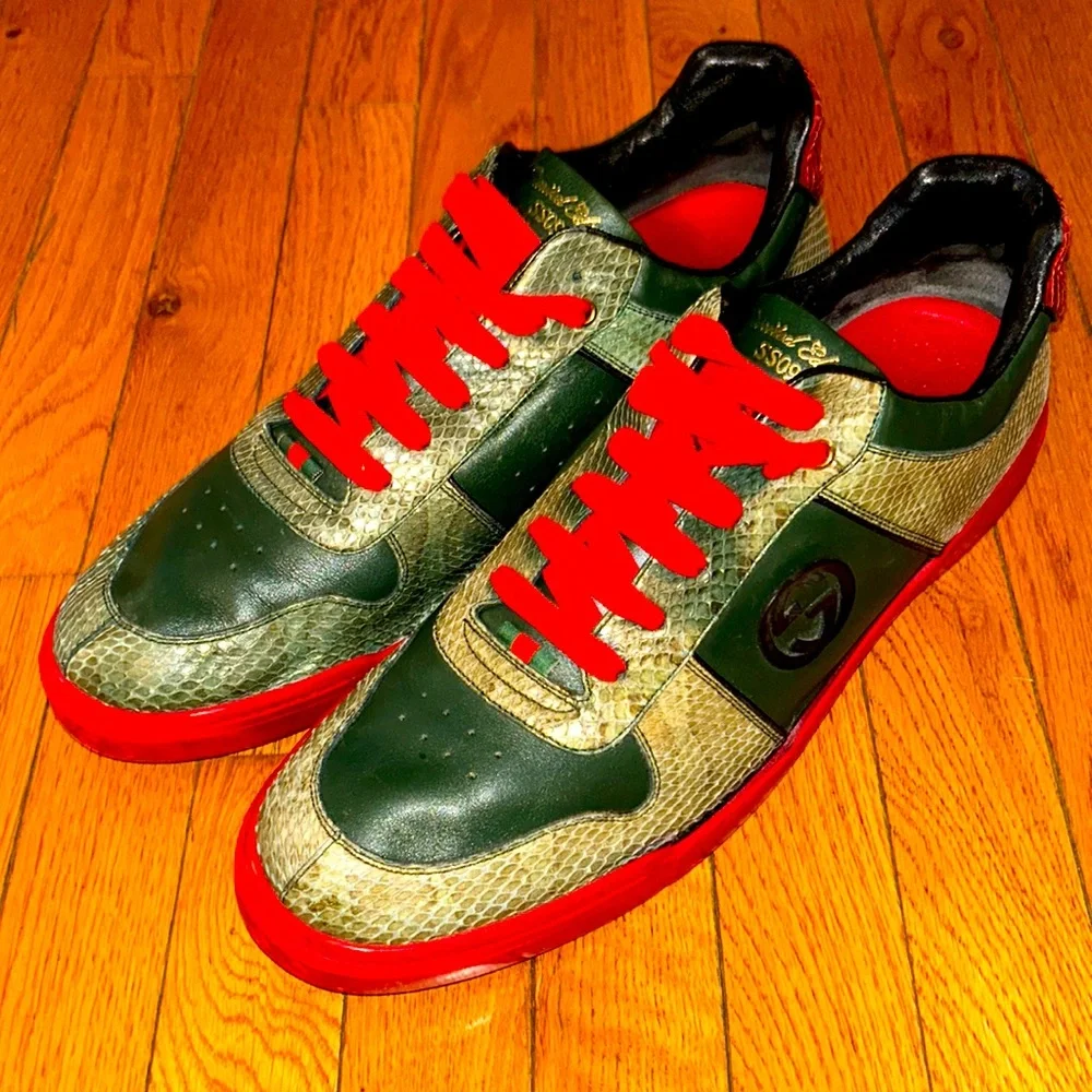 GUCCI RARE sz 15.5!! limited edition SS09 green python & leather GG LUXE- flaws